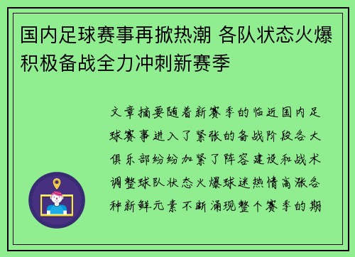 国内足球赛事再掀热潮 各队状态火爆积极备战全力冲刺新赛季