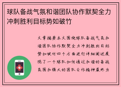 球队备战气氛和谐团队协作默契全力冲刺胜利目标势如破竹