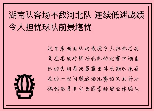 湖南队客场不敌河北队 连续低迷战绩令人担忧球队前景堪忧