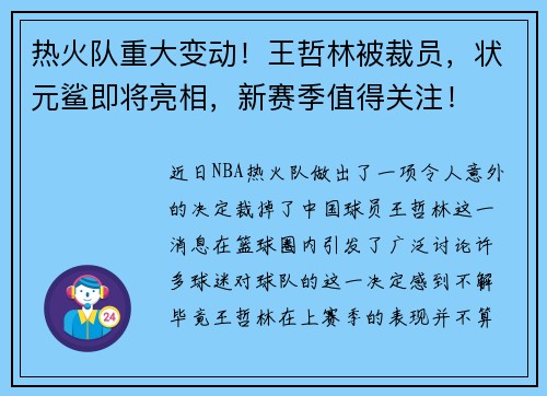 热火队重大变动！王哲林被裁员，状元鲨即将亮相，新赛季值得关注！