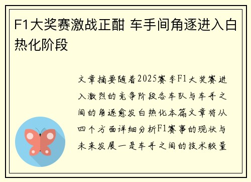 F1大奖赛激战正酣 车手间角逐进入白热化阶段