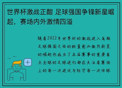 世界杯激战正酣 足球强国争锋新星崛起，赛场内外激情四溢