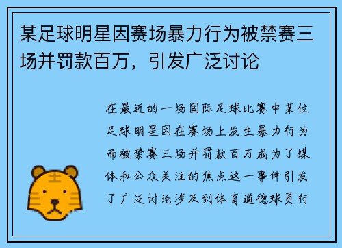 某足球明星因赛场暴力行为被禁赛三场并罚款百万,引发广泛讨论