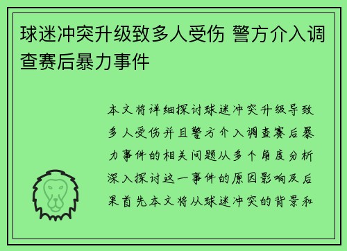 球迷冲突升级致多人受伤 警方介入调查赛后暴力事件