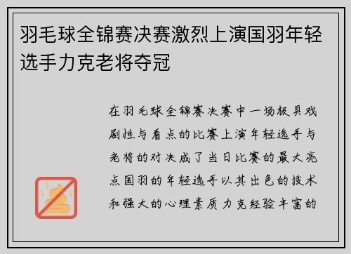 羽毛球全锦赛决赛激烈上演国羽年轻选手力克老将夺冠
