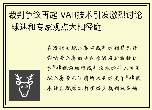 裁判争议再起 VAR技术引发激烈讨论 球迷和专家观点大相径庭
